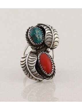 Sterling Silver Turquoise and Coral Leaf Design Ring Size 7